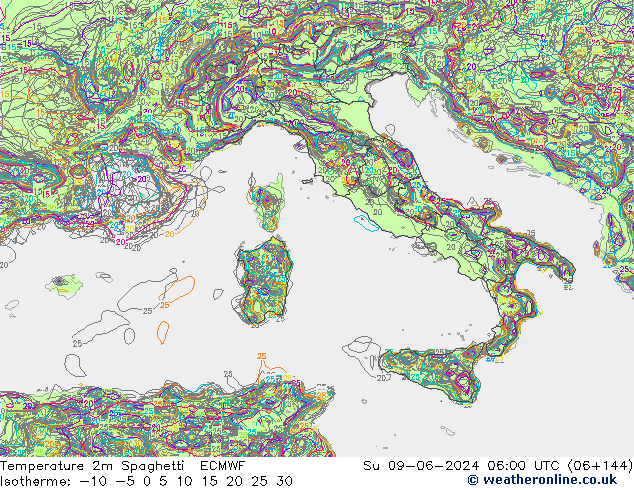 Temperatura 2m Spaghetti ECMWF dom 09.06.2024 06 UTC