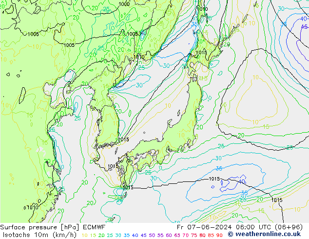 Izotacha (km/godz) ECMWF pt. 07.06.2024 06 UTC