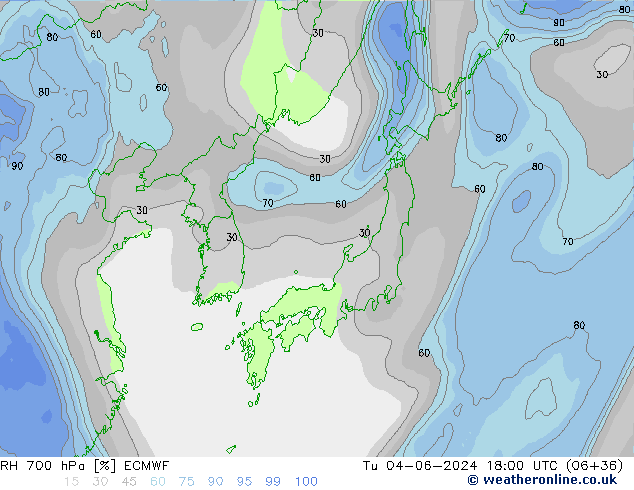 Humidité rel. 700 hPa ECMWF mar 04.06.2024 18 UTC