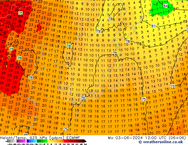 Height/Temp. 925 hPa ECMWF  03.06.2024 12 UTC