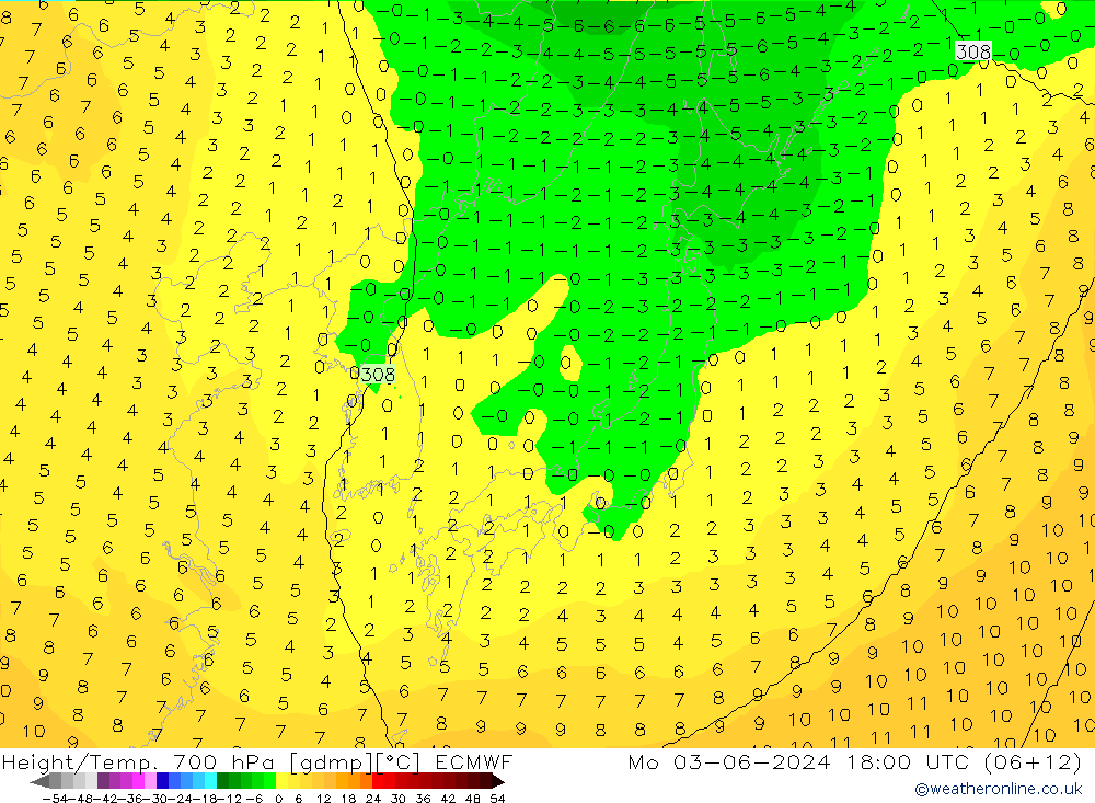 Height/Temp. 700 hPa ECMWF Mo 03.06.2024 18 UTC