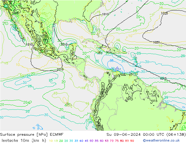 Isotachs (kph) ECMWF dim 09.06.2024 00 UTC