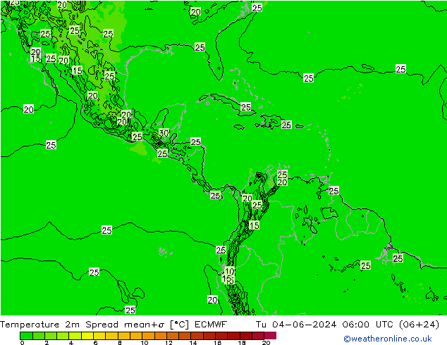 Temperature 2m Spread ECMWF Út 04.06.2024 06 UTC