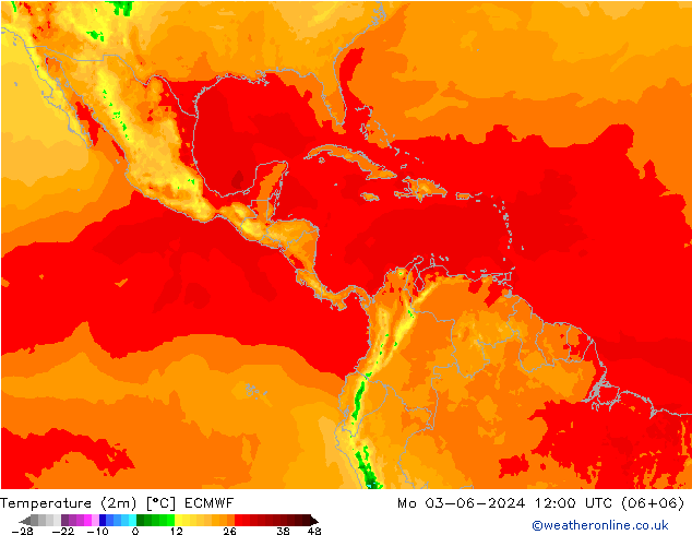 Temperatuurkaart (2m) ECMWF ma 03.06.2024 12 UTC