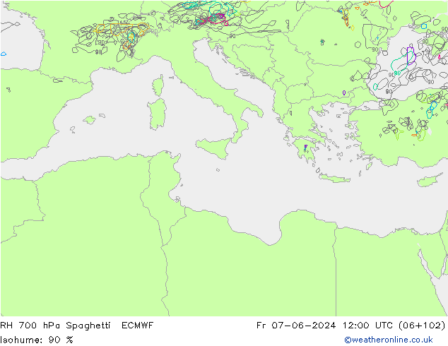 RH 700 hPa Spaghetti ECMWF Pá 07.06.2024 12 UTC