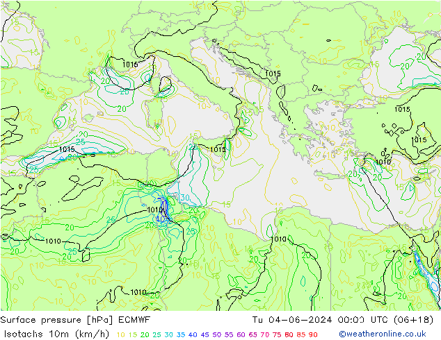 Isotachs (kph) ECMWF mar 04.06.2024 00 UTC
