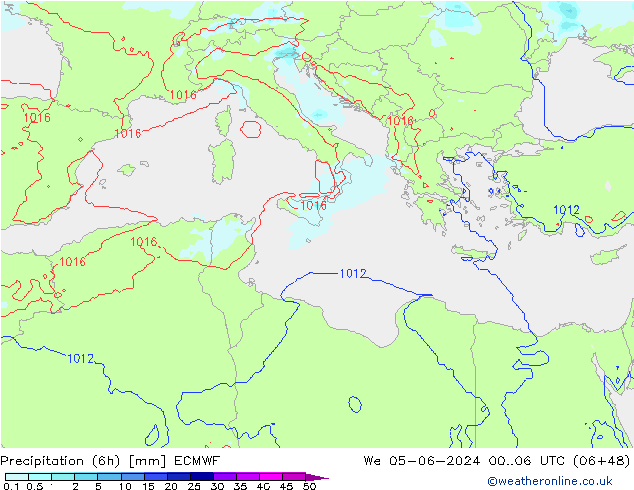 Totale neerslag (6h) ECMWF wo 05.06.2024 06 UTC