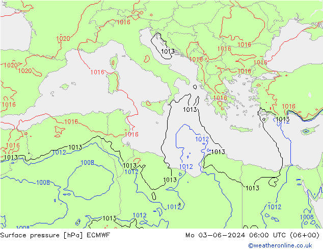 Surface pressure ECMWF Mo 03.06.2024 06 UTC