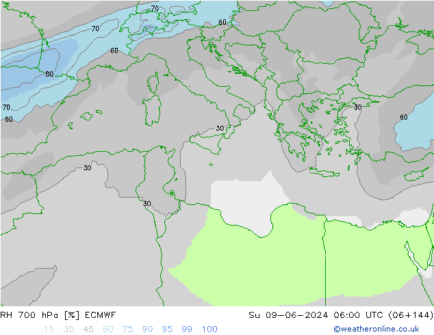 RH 700 hPa ECMWF nie. 09.06.2024 06 UTC