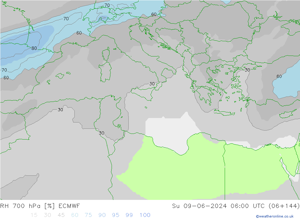 RH 700 hPa ECMWF Su 09.06.2024 06 UTC