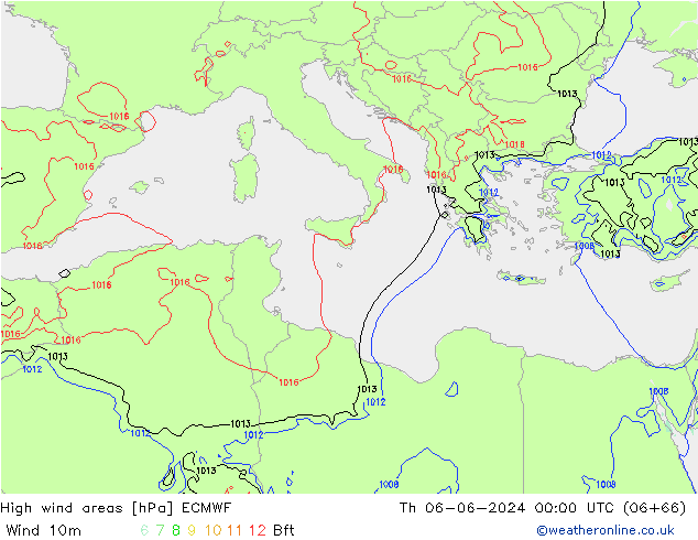 High wind areas ECMWF Čt 06.06.2024 00 UTC