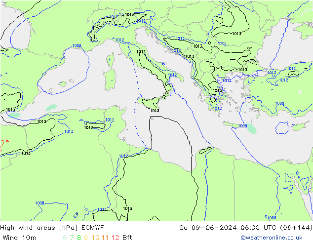 High wind areas ECMWF Вс 09.06.2024 06 UTC