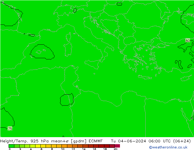 Height/Temp. 925 hPa ECMWF Tu 04.06.2024 06 UTC