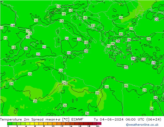 Temperature 2m Spread ECMWF Tu 04.06.2024 06 UTC