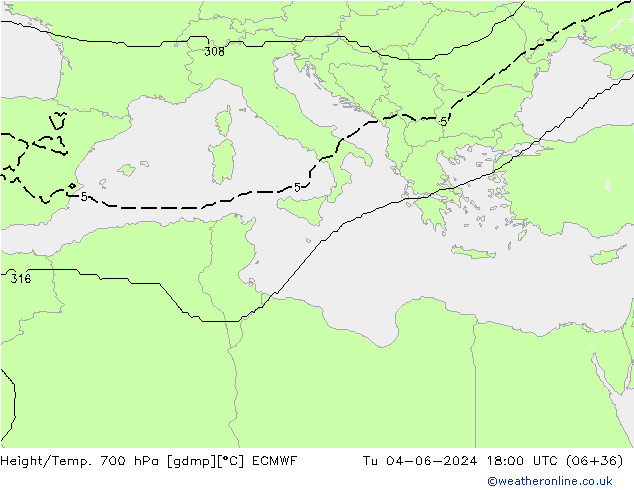 Height/Temp. 700 hPa ECMWF Út 04.06.2024 18 UTC