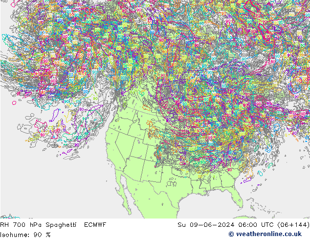 RH 700 hPa Spaghetti ECMWF Su 09.06.2024 06 UTC