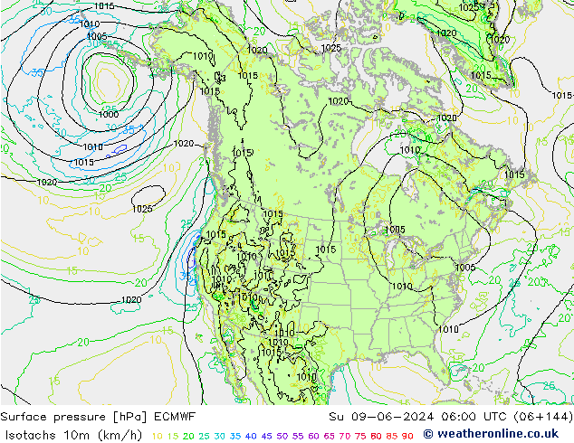 Isotachs (kph) ECMWF dom 09.06.2024 06 UTC