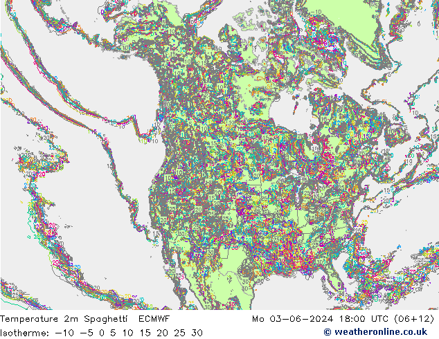 Temperature 2m Spaghetti ECMWF Mo 03.06.2024 18 UTC