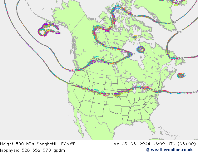 Height 500 гПа Spaghetti ECMWF пн 03.06.2024 06 UTC