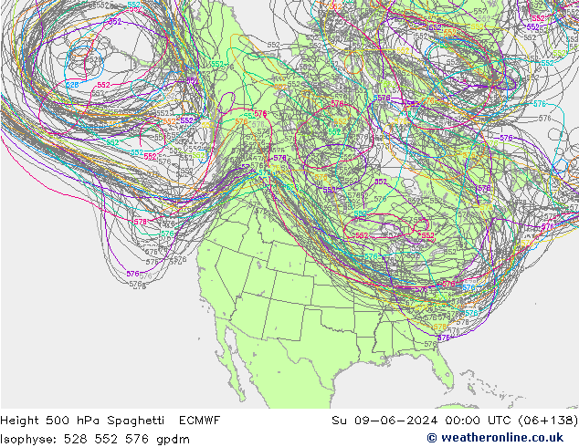 Height 500 hPa Spaghetti ECMWF Su 09.06.2024 00 UTC