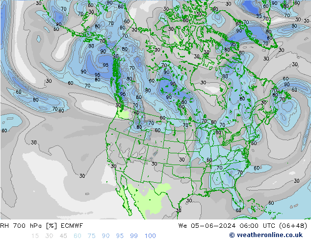 Humidité rel. 700 hPa ECMWF mer 05.06.2024 06 UTC