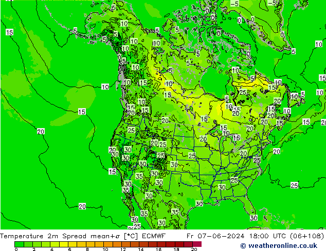 Temperature 2m Spread ECMWF Fr 07.06.2024 18 UTC