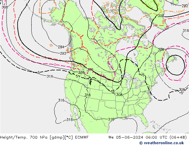 Geop./Temp. 700 hPa ECMWF mié 05.06.2024 06 UTC