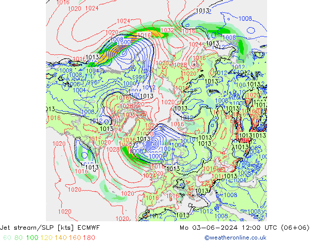 Jet stream/SLP ECMWF Mo 03.06.2024 12 UTC