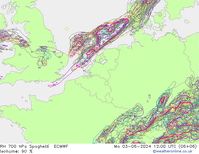 RH 700 hPa Spaghetti ECMWF Mo 03.06.2024 12 UTC