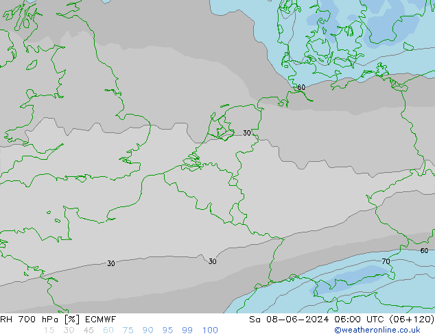 RH 700 hPa ECMWF so. 08.06.2024 06 UTC