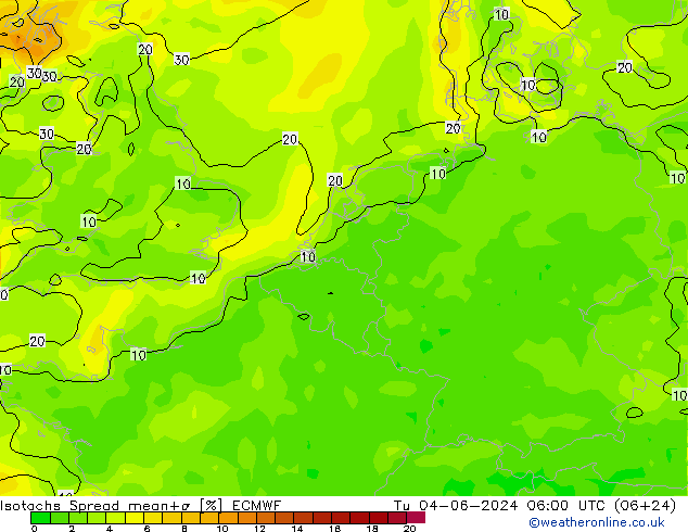 Isotachs Spread ECMWF Út 04.06.2024 06 UTC