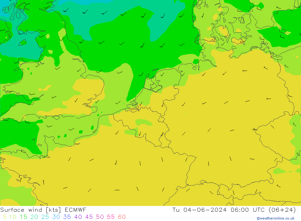 Surface wind ECMWF Tu 04.06.2024 06 UTC