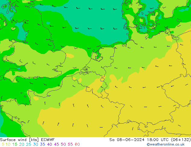 wiatr 10 m ECMWF so. 08.06.2024 18 UTC