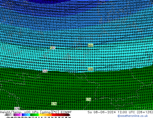 Geop./Temp. 500 hPa ECMWF sáb 08.06.2024 12 UTC