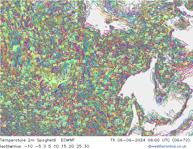 Temperatura 2m Spaghetti ECMWF Qui 06.06.2024 06 UTC