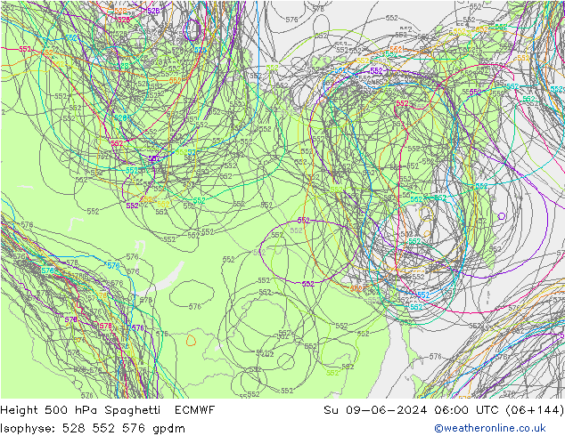 Height 500 hPa Spaghetti ECMWF Su 09.06.2024 06 UTC