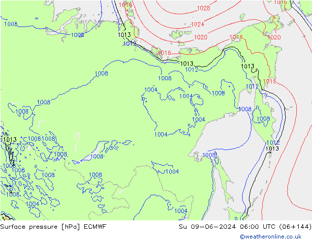 Atmosférický tlak ECMWF Ne 09.06.2024 06 UTC