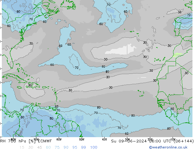 RH 700 hPa ECMWF dom 09.06.2024 06 UTC