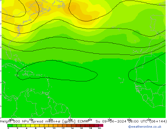 Height 500 гПа Spread ECMWF Вс 09.06.2024 06 UTC