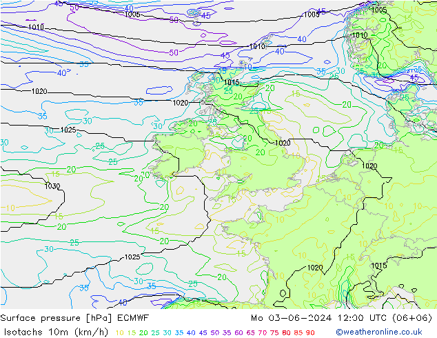 Isotachs (kph) ECMWF Po 03.06.2024 12 UTC