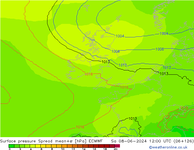 Presión superficial Spread ECMWF sáb 08.06.2024 12 UTC