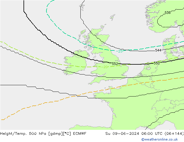 Hoogte/Temp. 500 hPa ECMWF zo 09.06.2024 06 UTC