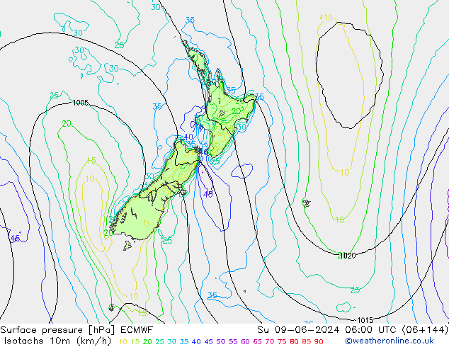 Isotachs (kph) ECMWF  09.06.2024 06 UTC