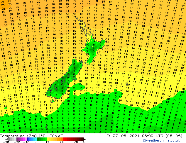 Temperatuurkaart (2m) ECMWF vr 07.06.2024 06 UTC