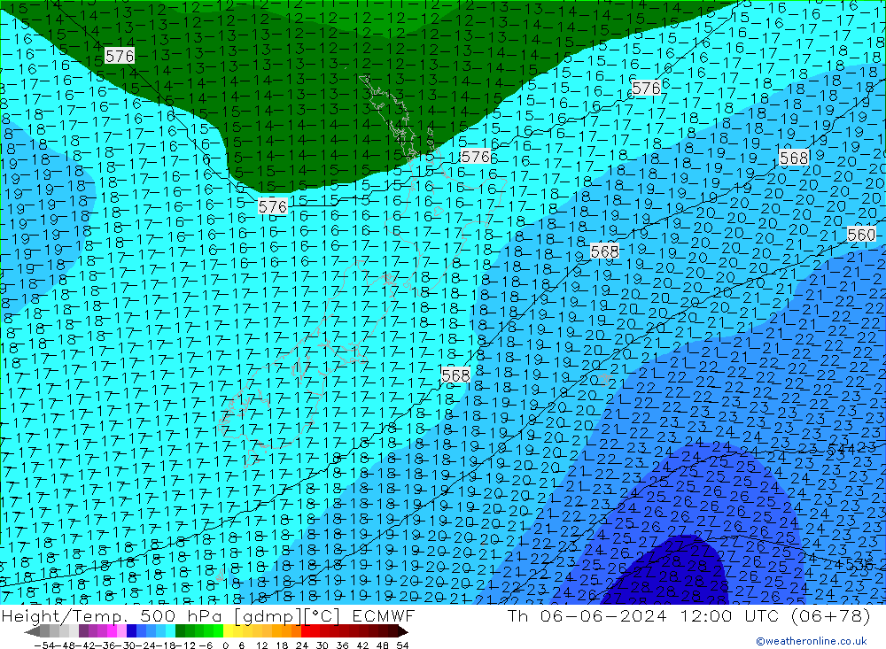 Height/Temp. 500 hPa ECMWF gio 06.06.2024 12 UTC