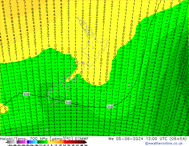 Géop./Temp. 700 hPa ECMWF mer 05.06.2024 12 UTC