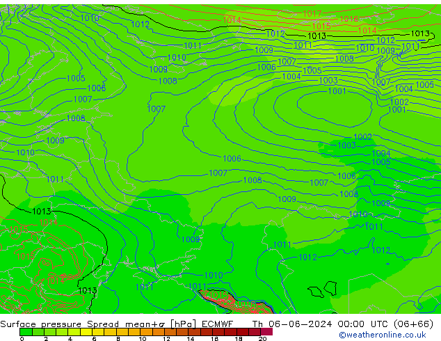 Presión superficial Spread ECMWF jue 06.06.2024 00 UTC