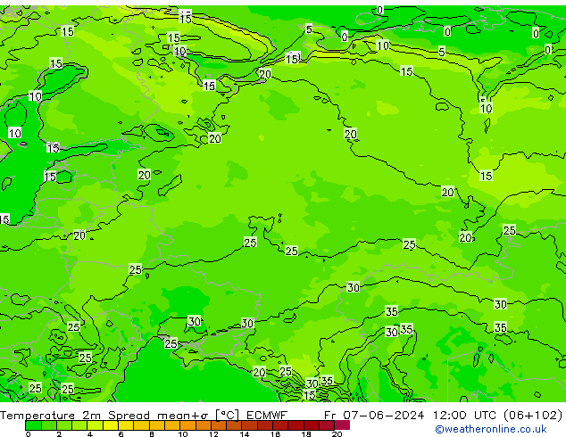 Temperatuurkaart Spread ECMWF vr 07.06.2024 12 UTC