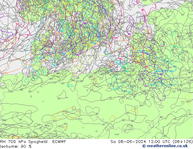 RH 700 hPa Spaghetti ECMWF Sa 08.06.2024 12 UTC