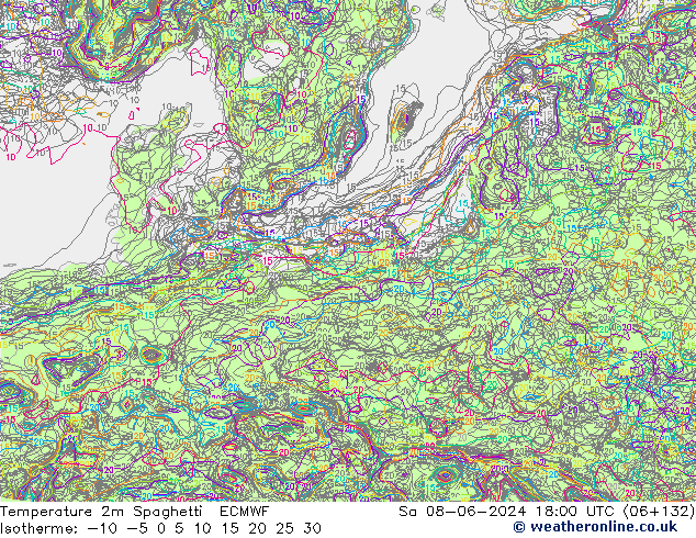 Temperature 2m Spaghetti ECMWF Sa 08.06.2024 18 UTC